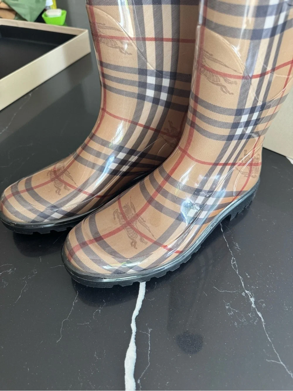 Burberry Beige Plaid Tall Rain Boots with Black‎ Sole